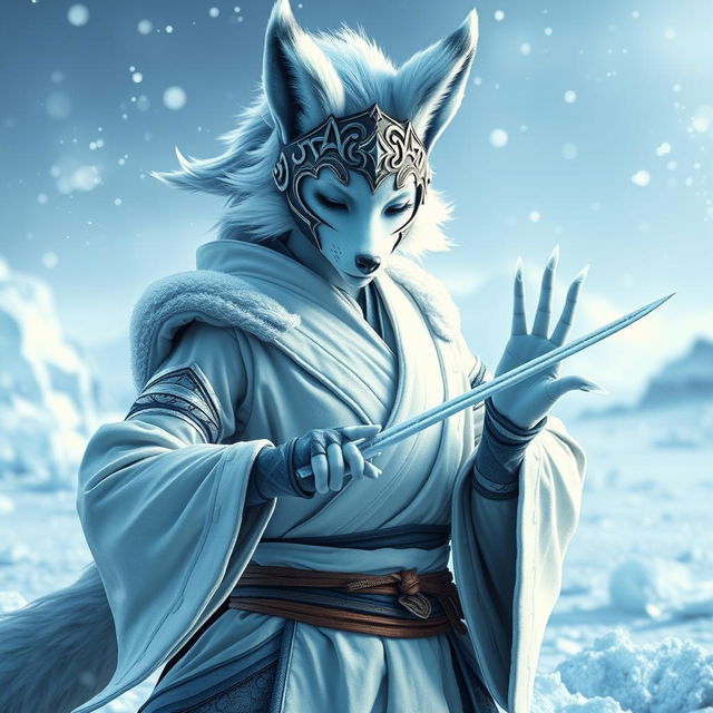 A stunning female arctic kitsune monk, characterized by her striking ice-blue fur and ethereal fox-like traits, standing in a dynamic martial arts pose reminiscent of Mortal Kombat