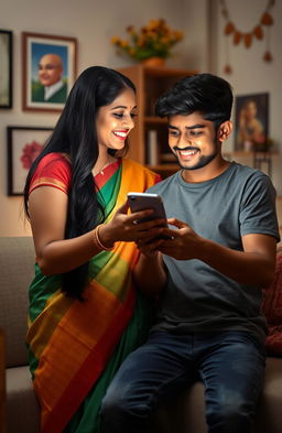 A romantic scene depicting a Tamil girl and a Kannada boy connected through their mobile phones, expressing love and affection