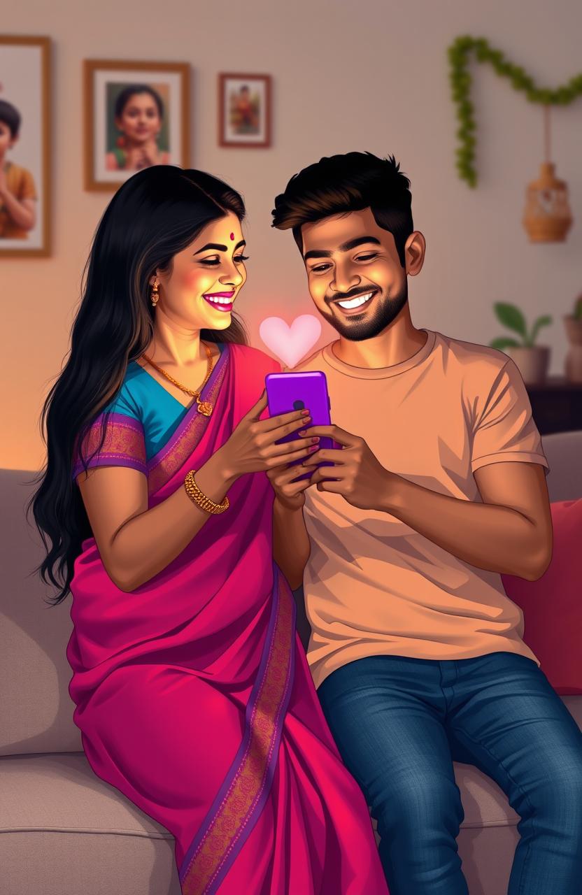 A romantic scene depicting a Tamil girl and a Kannada boy connected through their mobile phones, expressing love and affection