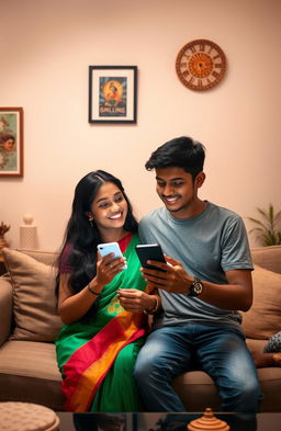 A romantic scene depicting a Tamil girl and a Kannada boy connected through their mobile phones, expressing love and affection
