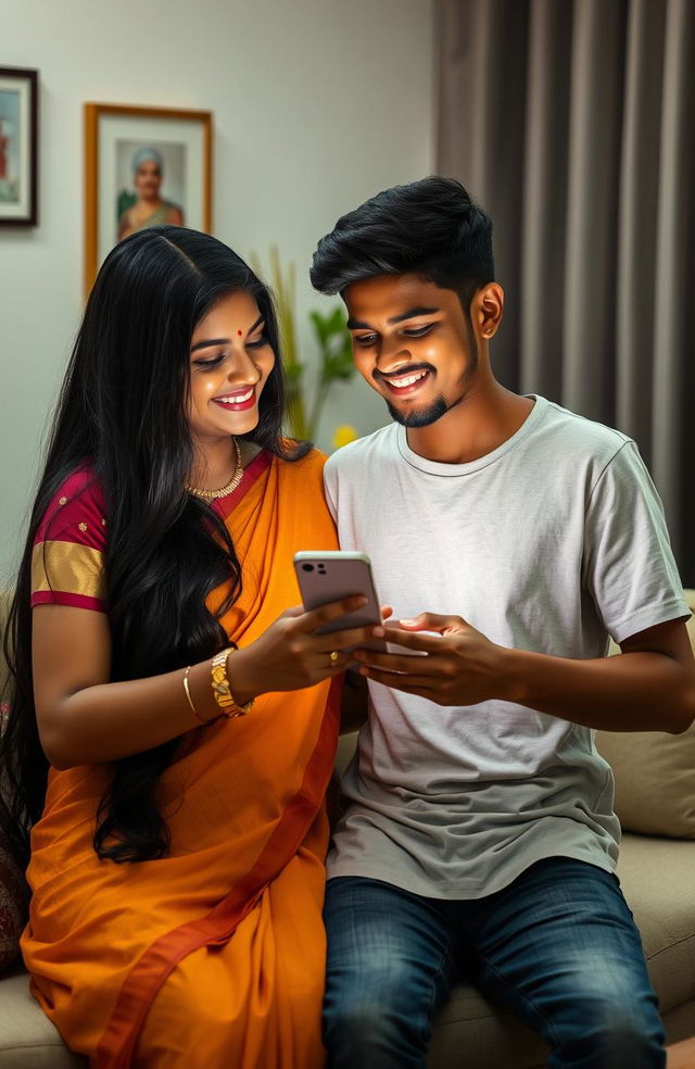 A romantic scene depicting a Tamil girl and a Kannada boy connected through their mobile phones, expressing love and affection