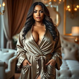 A curvy slim American woman with a fuller figure, elegantly draped in a luxurious robe