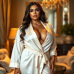 A curvy slim American woman with a fuller figure, elegantly draped in a luxurious robe