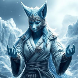 A stunning female arctic kitsune monk, characterized by her striking icy-blue fur and elegant fox-like features, standing in a powerful dynamic pose reminiscent of Mortal Kombat