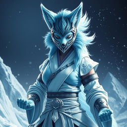 A stunning female arctic kitsune monk, characterized by her striking icy-blue fur and elegant fox-like features, standing in a powerful dynamic pose reminiscent of Mortal Kombat