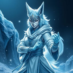 A stunning female arctic kitsune monk, characterized by her striking icy-blue fur and elegant fox-like features, standing in a powerful dynamic pose reminiscent of Mortal Kombat