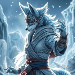 A stunning female arctic kitsune monk, characterized by her striking icy-blue fur and elegant fox-like features, standing in a powerful dynamic pose reminiscent of Mortal Kombat