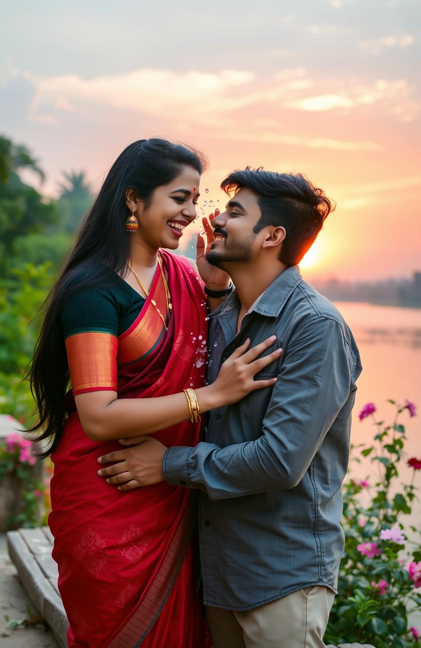 A beautiful scene capturing a Tamil girl and a Kannada boy deeply in love, set against a vibrant sunset along a serene riverbank