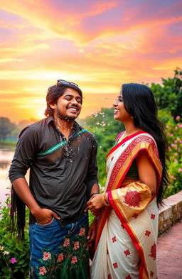 A beautiful scene capturing a Tamil girl and a Kannada boy deeply in love, set against a vibrant sunset along a serene riverbank