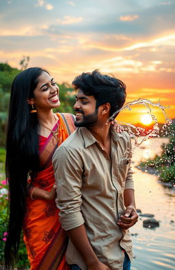 A beautiful scene capturing a Tamil girl and a Kannada boy deeply in love, set against a vibrant sunset along a serene riverbank