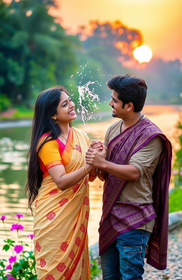 A beautiful scene capturing a Tamil girl and a Kannada boy deeply in love, set against a vibrant sunset along a serene riverbank