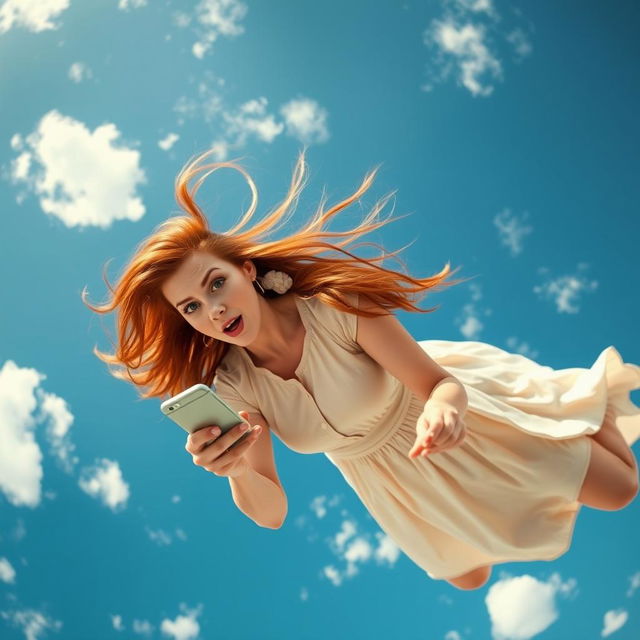 A beautiful redhead woman with long flowing hair falling gracefully from the sky, her expression a mix of surprise and concentration as she looks intently at her cell phone