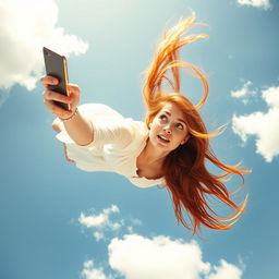 A beautiful redhead woman with long flowing hair falling gracefully from the sky, her expression a mix of surprise and concentration as she looks intently at her cell phone