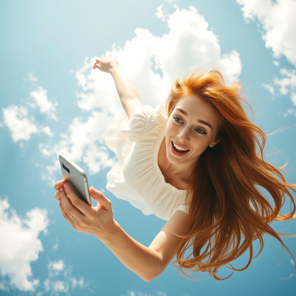 A beautiful redhead woman with long flowing hair falling gracefully from the sky, her expression a mix of surprise and concentration as she looks intently at her cell phone