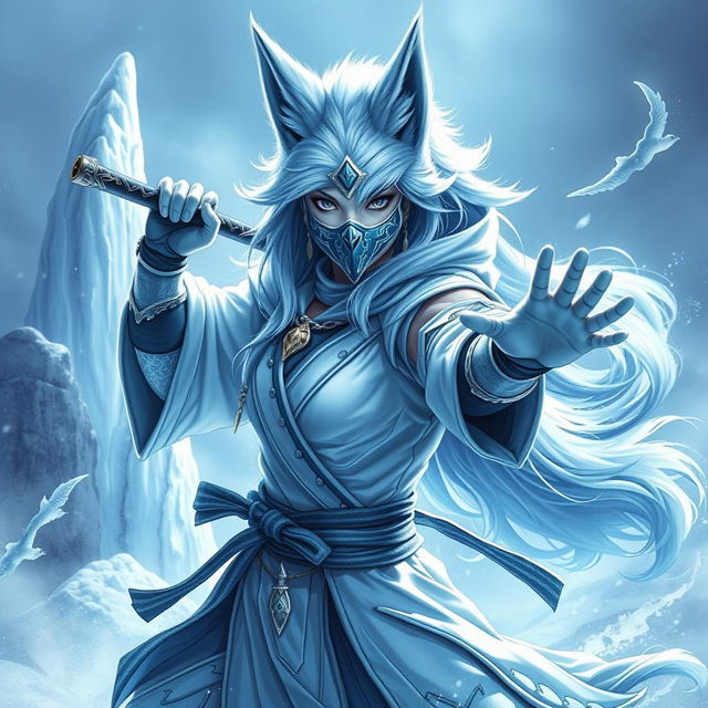 A stunning female arctic kitsune monk, showcasing her beautiful icy-blue fur and elegant fox-like features, poised in a dynamic action pose reminiscent of Mortal Kombat