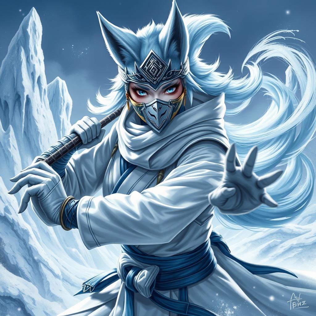 A stunning female arctic kitsune monk, showcasing her beautiful icy-blue fur and elegant fox-like features, poised in a dynamic action pose reminiscent of Mortal Kombat