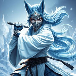 A stunning female arctic kitsune monk, showcasing her beautiful icy-blue fur and elegant fox-like features, poised in a dynamic action pose reminiscent of Mortal Kombat
