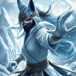 A stunning female arctic kitsune monk, showcasing her beautiful icy-blue fur and elegant fox-like features, poised in a dynamic action pose reminiscent of Mortal Kombat