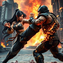 A dynamic and intense scene inspired by Mortal Kombat, featuring a fierce female fighter with long black hair wearing a traditional martial arts outfit, showcasing martial arts skills in an epic battle arena