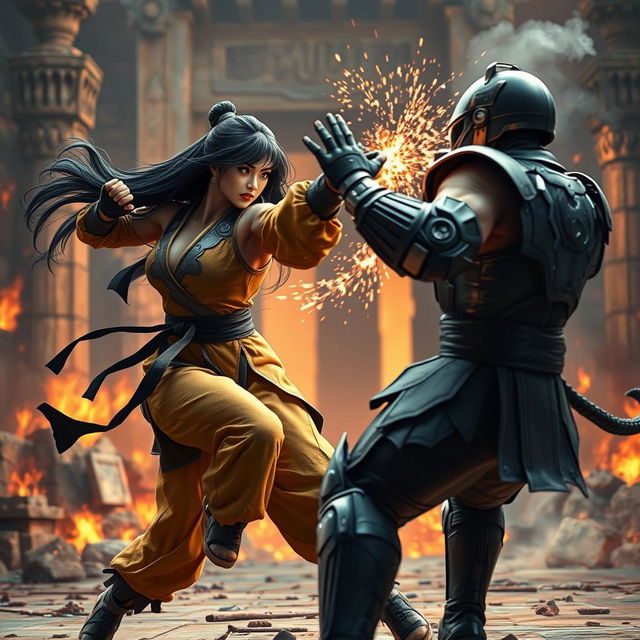 A dynamic and intense scene inspired by Mortal Kombat, featuring a fierce female fighter with long black hair wearing a traditional martial arts outfit, showcasing martial arts skills in an epic battle arena