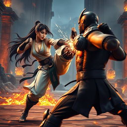 A dynamic and intense scene inspired by Mortal Kombat, featuring a fierce female fighter with long black hair wearing a traditional martial arts outfit, showcasing martial arts skills in an epic battle arena