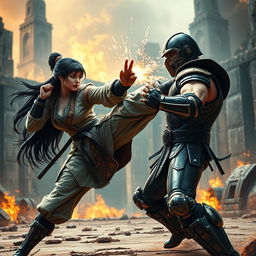 A dynamic and intense scene inspired by Mortal Kombat, featuring a fierce female fighter with long black hair wearing a traditional martial arts outfit, showcasing martial arts skills in an epic battle arena