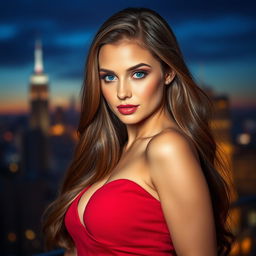 A stunningly beautiful woman with captivating features, striking blue eyes, and luscious long hair flowing down her shoulders