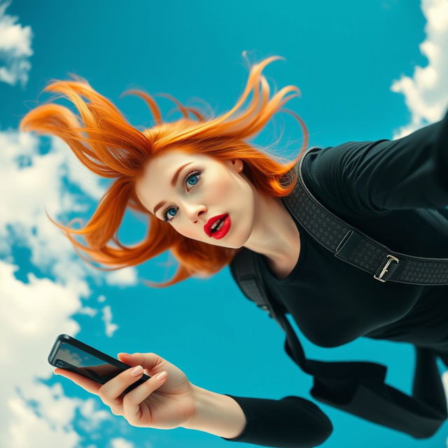 A beautiful redhead woman with striking blue eyes and vibrant red lips is gracefully falling from a clear blue sky