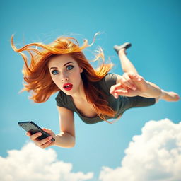 A beautiful redhead woman with striking blue eyes and vibrant red lips is gracefully falling from a clear blue sky