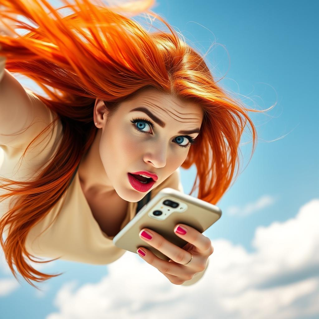 A beautiful redhead woman with striking blue eyes and vibrant red lips is gracefully falling from a clear blue sky