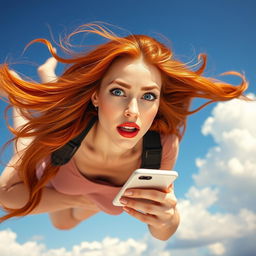 A beautiful redhead woman with striking blue eyes and vibrant red lips is gracefully falling from a clear blue sky