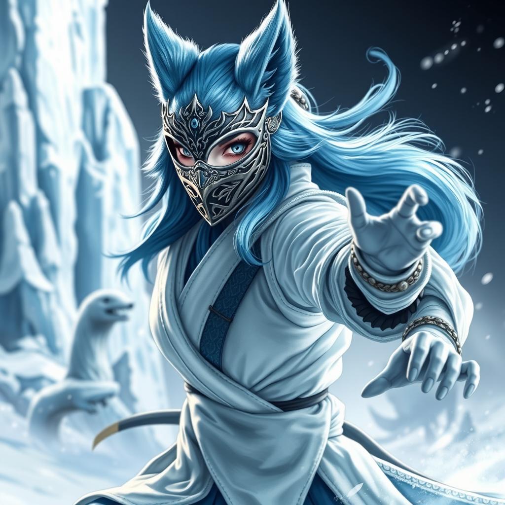 A stunning female arctic kitsune monk, showcasing her beautiful icy-blue fur and elegant fox-like features, captured in a dynamic action pose reminiscent of Mortal Kombat