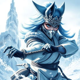 A stunning female arctic kitsune monk, showcasing her beautiful icy-blue fur and elegant fox-like features, captured in a dynamic action pose reminiscent of Mortal Kombat