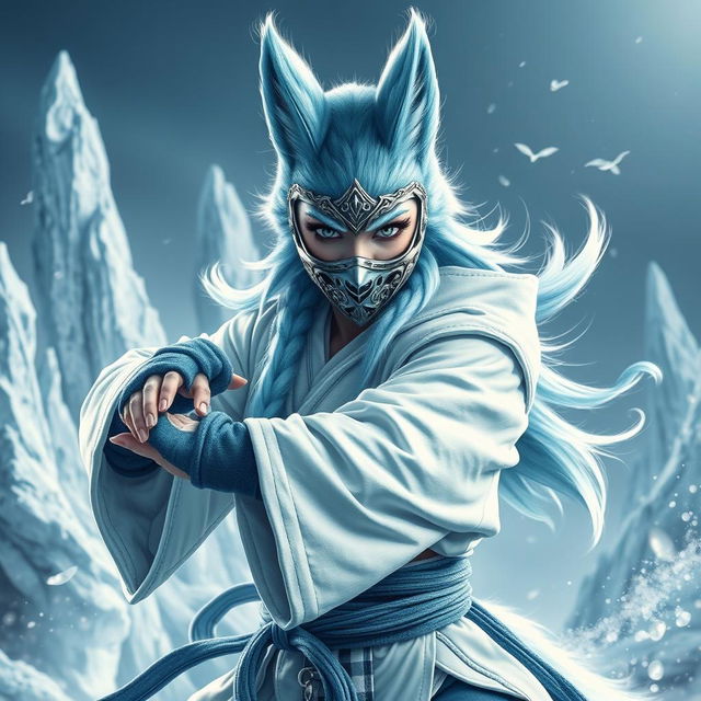 A stunning female arctic kitsune monk, showcasing her beautiful icy-blue fur and elegant fox-like features, captured in a dynamic action pose reminiscent of Mortal Kombat