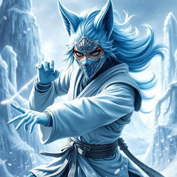 A stunning female arctic kitsune monk, showcasing her beautiful icy-blue fur and elegant fox-like features, captured in a dynamic action pose reminiscent of Mortal Kombat