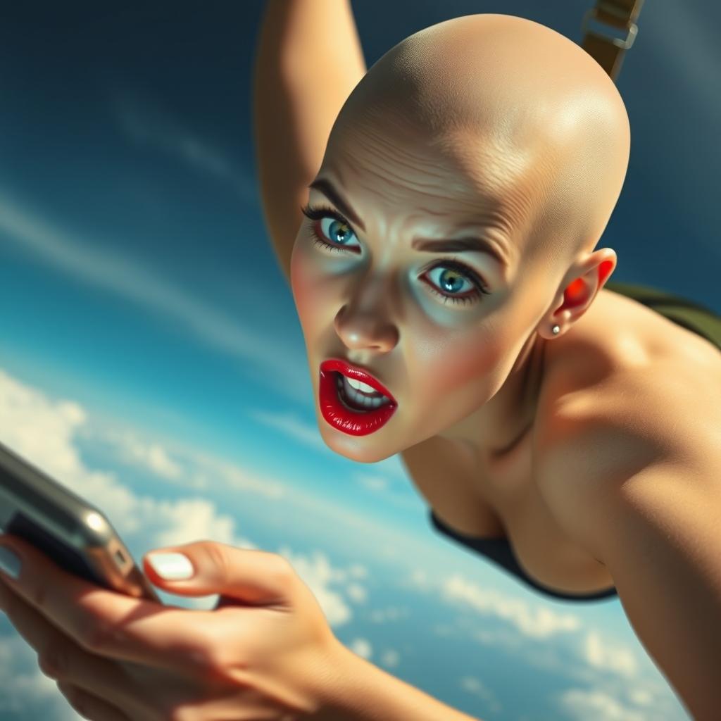 A beautiful bald woman with striking blue eyes and bright red lips is depicted falling from the sky