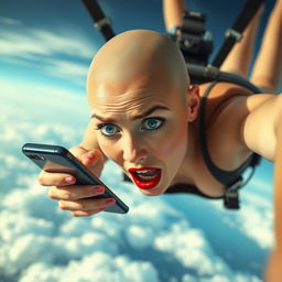 A beautiful bald woman with striking blue eyes and bright red lips is depicted falling from the sky