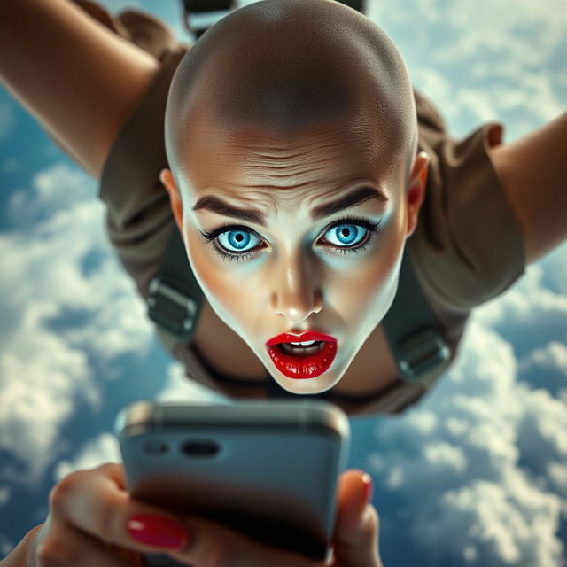 A beautiful bald woman with striking blue eyes and bright red lips is depicted falling from the sky