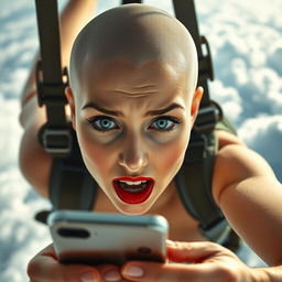 A beautiful bald woman with striking blue eyes and bright red lips is depicted falling from the sky