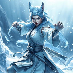 A stunning female arctic kitsune monk, exuding grace and strength, captured in a powerful dynamic pose inspired by Mortal Kombat