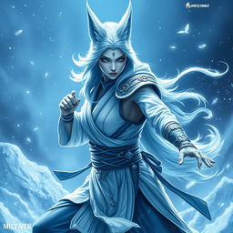 A stunning female arctic kitsune monk, exuding grace and strength, captured in a powerful dynamic pose inspired by Mortal Kombat