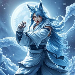 A stunning female arctic kitsune monk, exuding grace and strength, captured in a powerful dynamic pose inspired by Mortal Kombat