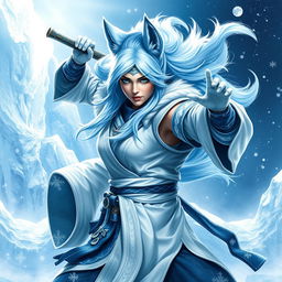 A stunning female arctic kitsune monk, exuding grace and strength, captured in a powerful dynamic pose inspired by Mortal Kombat