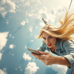 A beautiful blonde woman with striking blue eyes and bold red lips is depicted in mid-fall from the sky