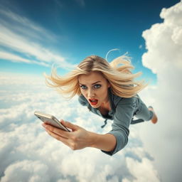 A beautiful blonde woman with striking blue eyes and bold red lips is depicted in mid-fall from the sky