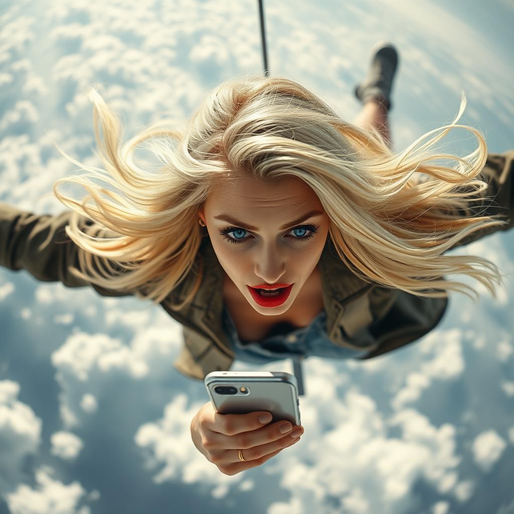 A beautiful blonde woman with striking blue eyes and bold red lips is depicted in mid-fall from the sky