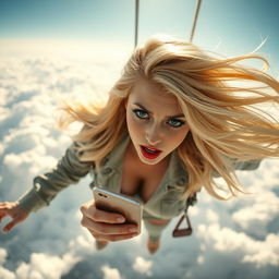 A beautiful blonde woman with striking blue eyes and bold red lips is depicted in mid-fall from the sky