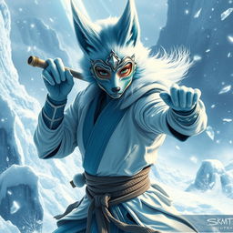 A stunning female arctic kitsune monk, exuding power and grace, captured in a dynamic pose reminiscent of Mortal Kombat