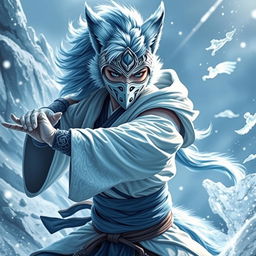 A stunning female arctic kitsune monk, exuding power and grace, captured in a dynamic pose reminiscent of Mortal Kombat