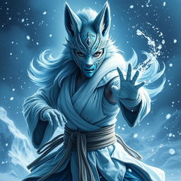 A stunning female arctic kitsune monk, exuding power and grace, captured in a dynamic pose reminiscent of Mortal Kombat